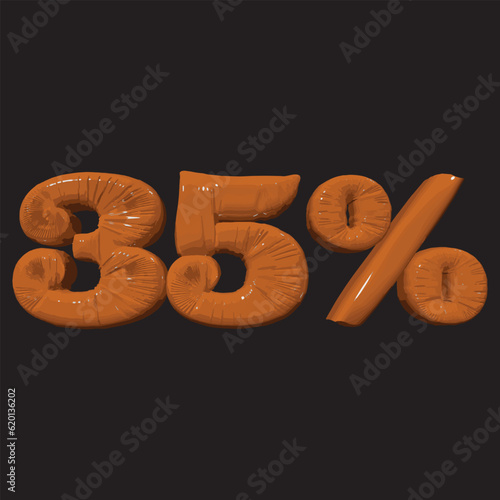 Inflated plastic square illustration of volumetric glossy deformed 3D render of orange number 35 percent on black background. Balloon metallic number. Beautiful volumetric number for advertising