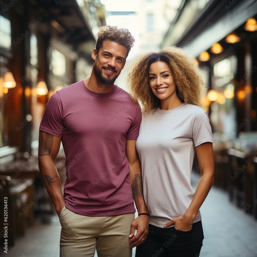 Fototapeta premium Illustration of a couple fashion portrait with plain t-shirt mockup, AI Generated