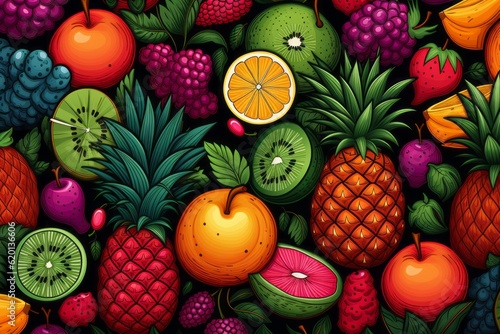  Cartoon Cute Doodles Vibrant Tropical Fruits Seamless Pattern, Generative AI