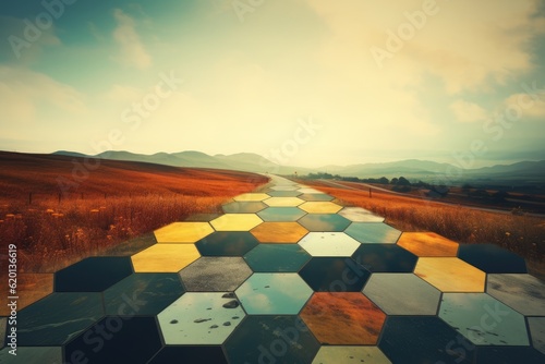 Hexagonal Artwork Displaying Various Landscapes, Embodied in Layered Colorful Forms and Glazed Surfaces - Colored in Dark Cyan and Light Amber - Background created with Generative AI Technology © Sentoriak