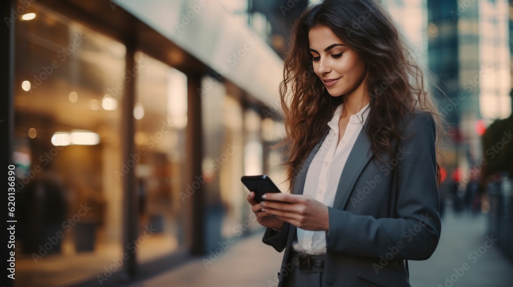 Happy smiling businesswoman wearing gray suit and using modern smartphone near office at early morning. Happy smiling businesswoman wearing gray suit and using modern smartphone near office at early morning.