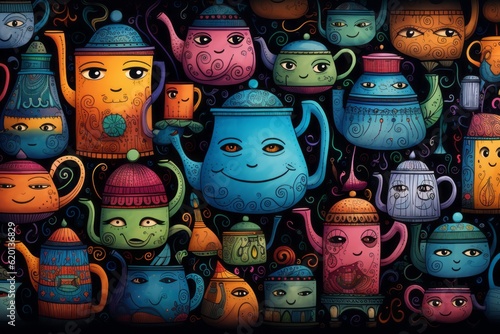 Cartoon Cute Doodles Whimsical Teapot Seamless Pattern, Generative AI