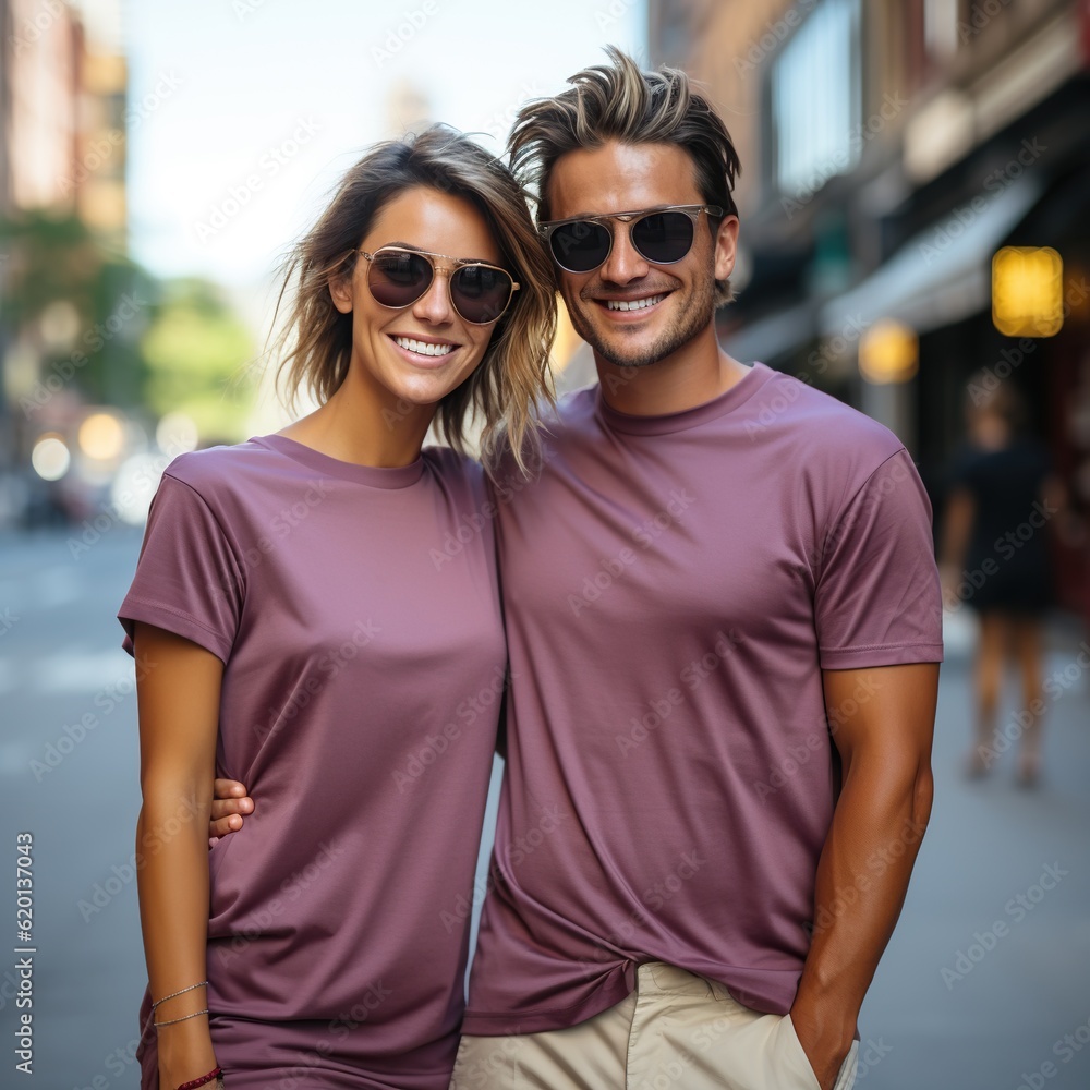 Illustration of a couple fashion portrait with plain t-shirt mockup, AI Generated Illustration of a couple fashion portrait with plain t-shirt mockup, AI Generated