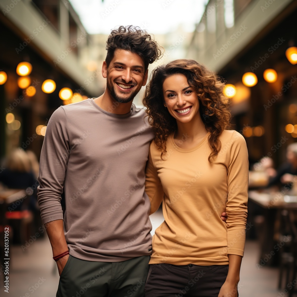 Fototapeta premium Illustration of a couple fashion portrait with plain t-shirt mockup, AI Generated