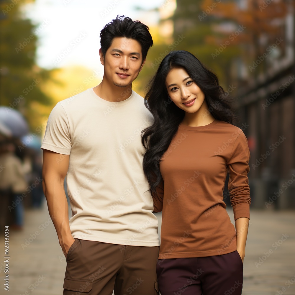 Illustration of a couple fashion portrait with plain t-shirt mockup, AI Generated