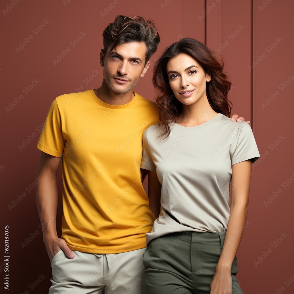 Illustration of a couple fashion portrait with plain t-shirt mockup, AI Generated Illustration of a couple fashion portrait with plain t-shirt mockup, AI Generated