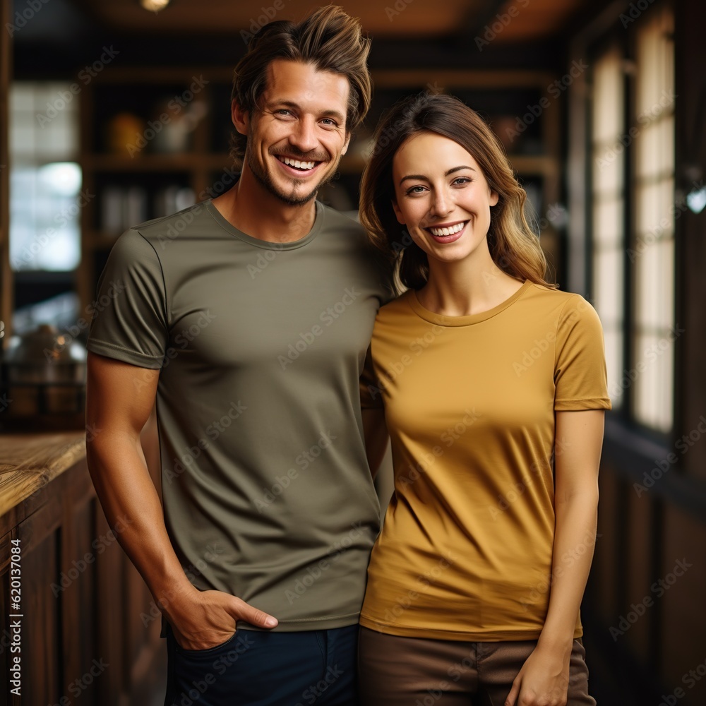 Fototapeta premium Illustration of a couple fashion portrait with plain t-shirt mockup, AI Generated