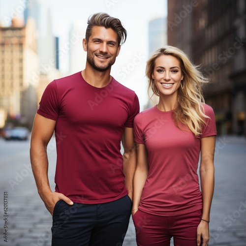 Illustration of a couple fashion portrait with plain t-shirt mockup, AI Generated