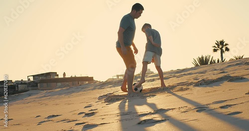 Child playing football on the beach, family fun outdoors players in soccer in dynamic action have fun playing football in summer day under sunlight.