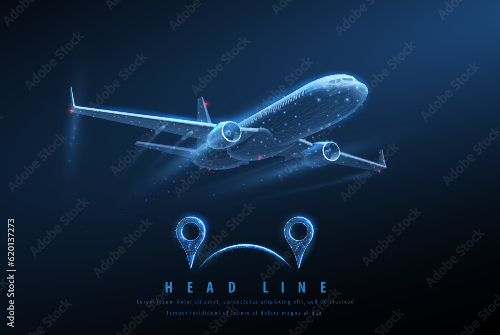 Plane and pins. Air delivery and airline navigation
