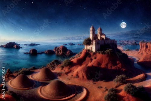 fantasy landscape scenery with castle building by night created with Generative AI technology