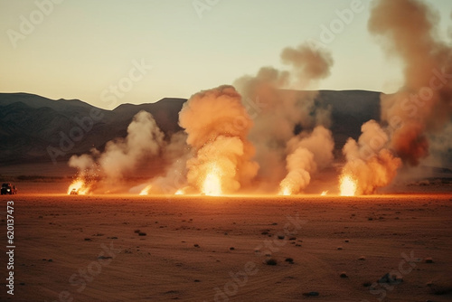 Bomb, apocalypse and explosion with fire in desert for battle, disaster and armageddon. Catastrophe, crisis and danger with attack with burning clouds for ai generated, smoke and destruction