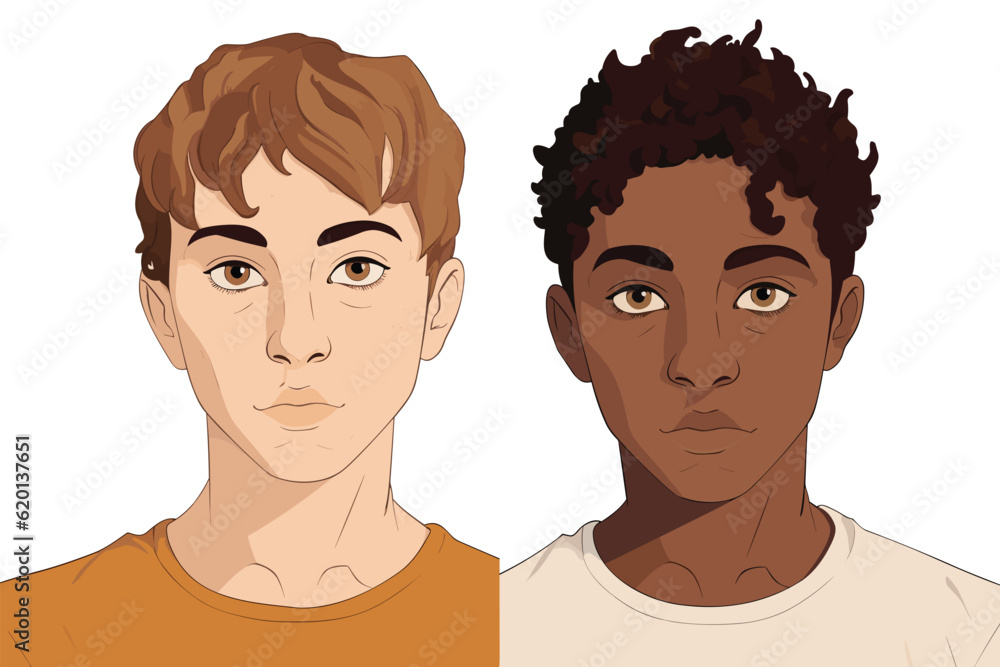 Portrait of boys with unique skin tones vector isolated illustration Portrait of boys with unique skin tones vector isolated illustration