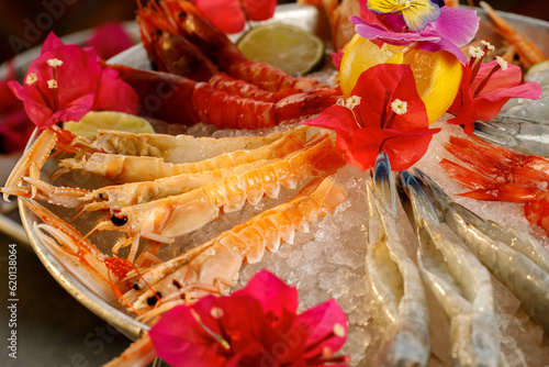 The delicious plate appetizer with rare delicacy raw shrimps from Sicily and Morocco on the ice decorated with lime and flowers 