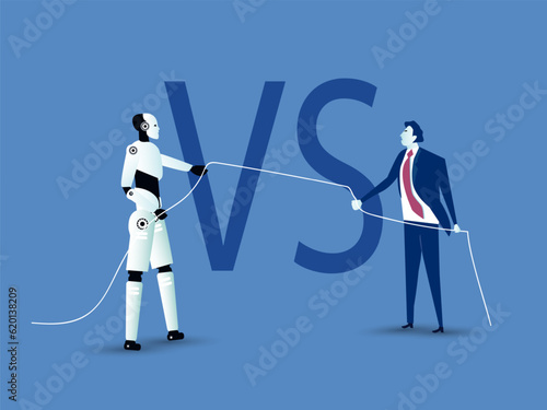Businessman pulling rope with robot - Tug of war. Competition Concept. vector illustration.