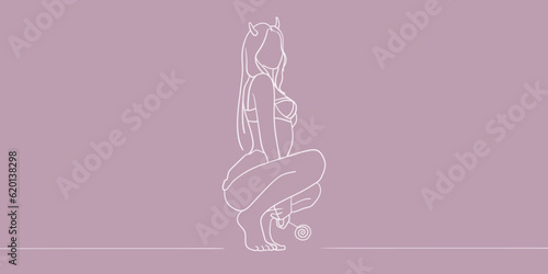 Girl in underwear with lollipop on a pink background. Sex shop design. Female sexuality. Vector illustration in line art style