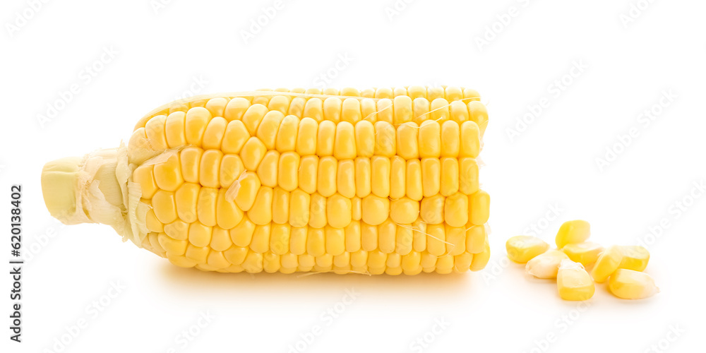 Cut fresh corn cob and seeds on white background Cut fresh corn cob and seeds on white background