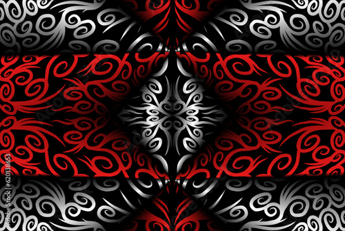 Beautiful red Black and white line art batik ethnic dayak aztec pattern gradient Background
