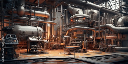 A workshop at the factory filled with various steampunk-style mechanisms and pipes, showcasing a fusion of retro-futuristic aesthetics and industrial charm. Generative AI