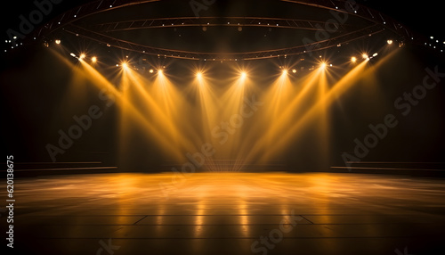 Empty golden color flood spotlight on stage theater background. Generative AI.
