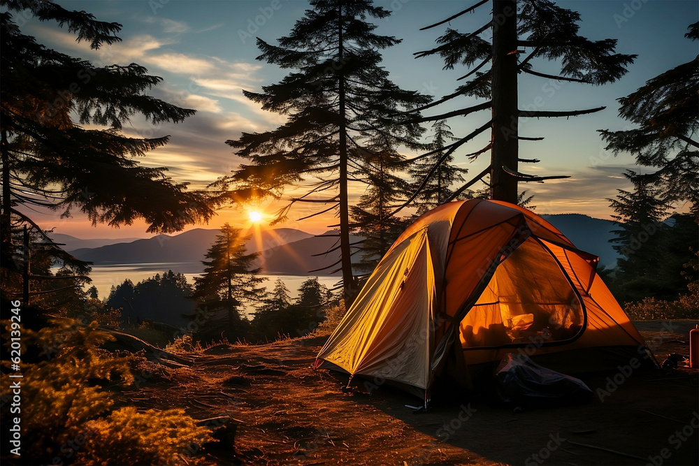A breathtaking scene of a camping tent perched high in the mountains, surrounded by the golden glow of a vibrant sunset.