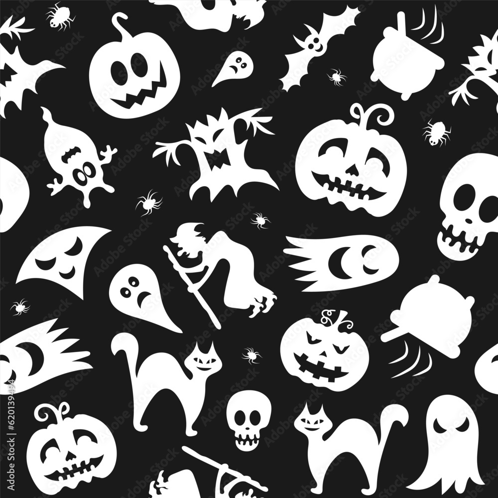 Fototapeta premium Seamless vector pattern for Halloween design. Halloween symbols: ghost, bat, pumpkin in cartoon style. Vector Illustration