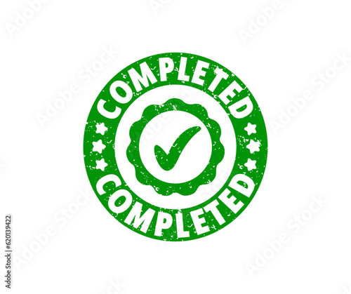 Completed tick stamp logo design. Round icon and seal on a white isolated background. Completed grunge stamp vector design and illustration.