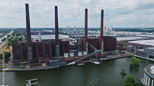 Drone shot of The Wolfsburg Volkswagen Factory , Wolfsburg , Germany  . The Wolfsburg Volkswagen Factory is the worldwide headquarters of the Volkswagen Group, and one of the largest manufacturing pla