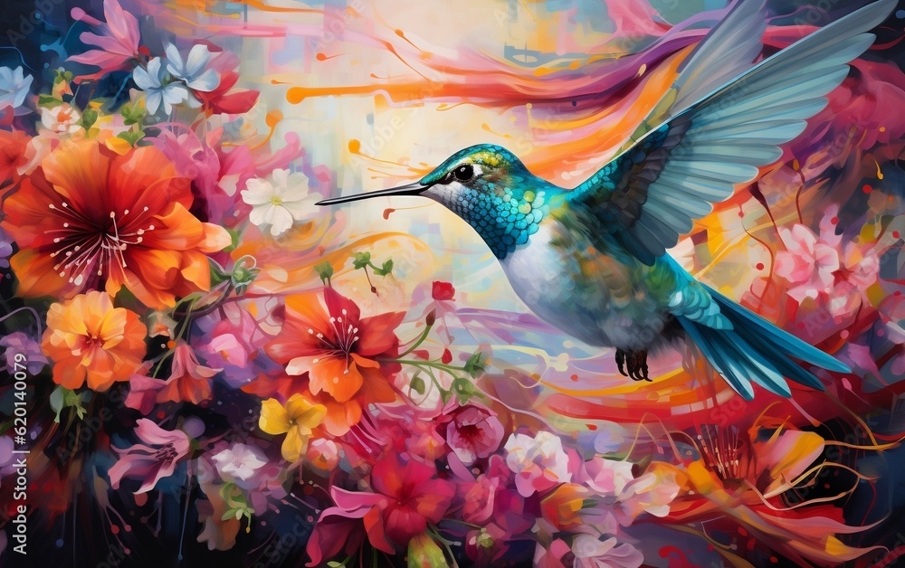 A painting of a hummingbird flying over flowers. AI
