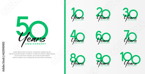 set of anniversary logo flat green color number and black text on white background for celebration