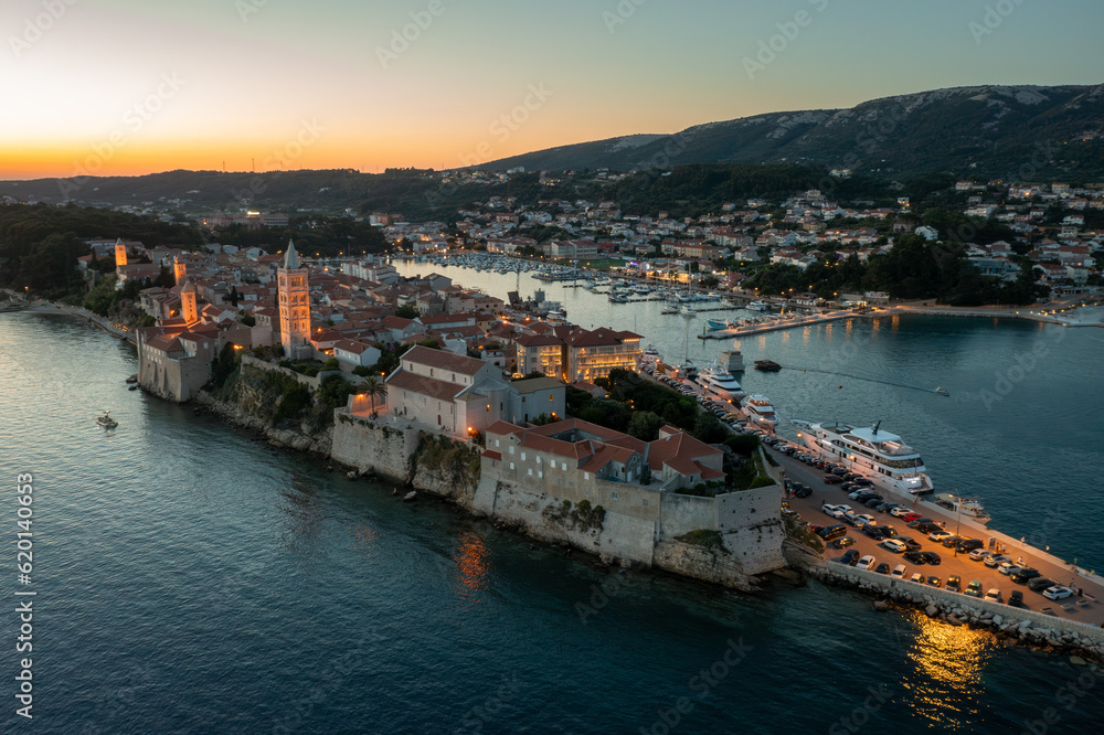 Aerial view of the evening in the old town of Rab, the Adriatic Sea in Croatia