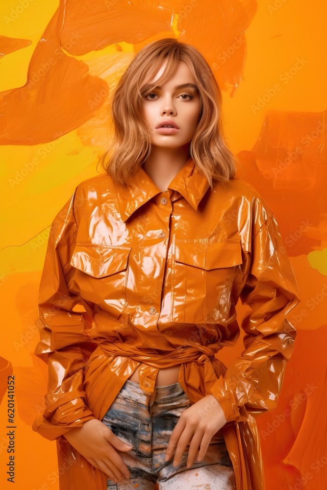 Fototapeta premium Contemporary design. Young beautiful female fashion model in clothes made of plastic bags over orange background with paint strokes. Concept of design, fashion, vintage style. Generative AI