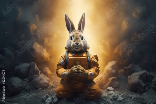 Illustration of a rabbit sitting in the center of a rocky landscape created by generative AI © Marius