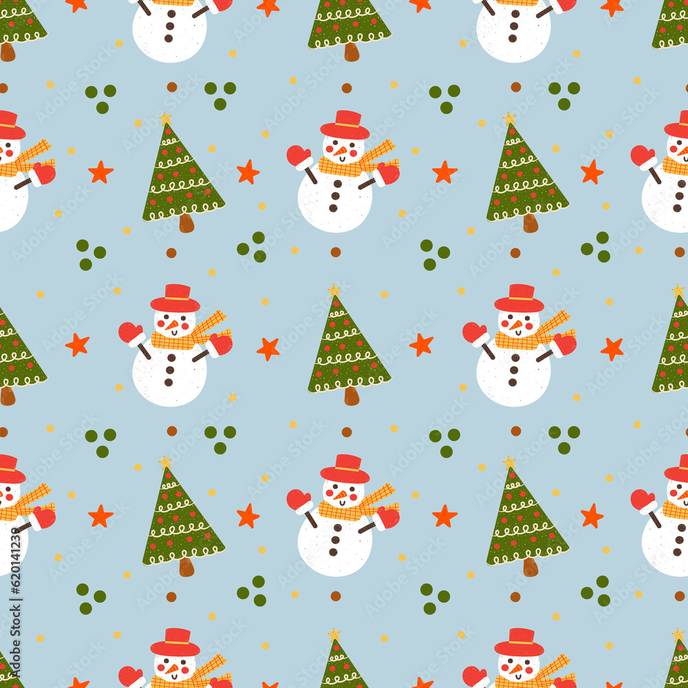 Merry and Bright Christmas Snowman Seamless Pattern Design