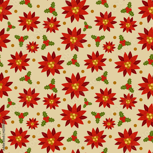Merry and Bright Christmas Poinsettias Seamless Pattern Design