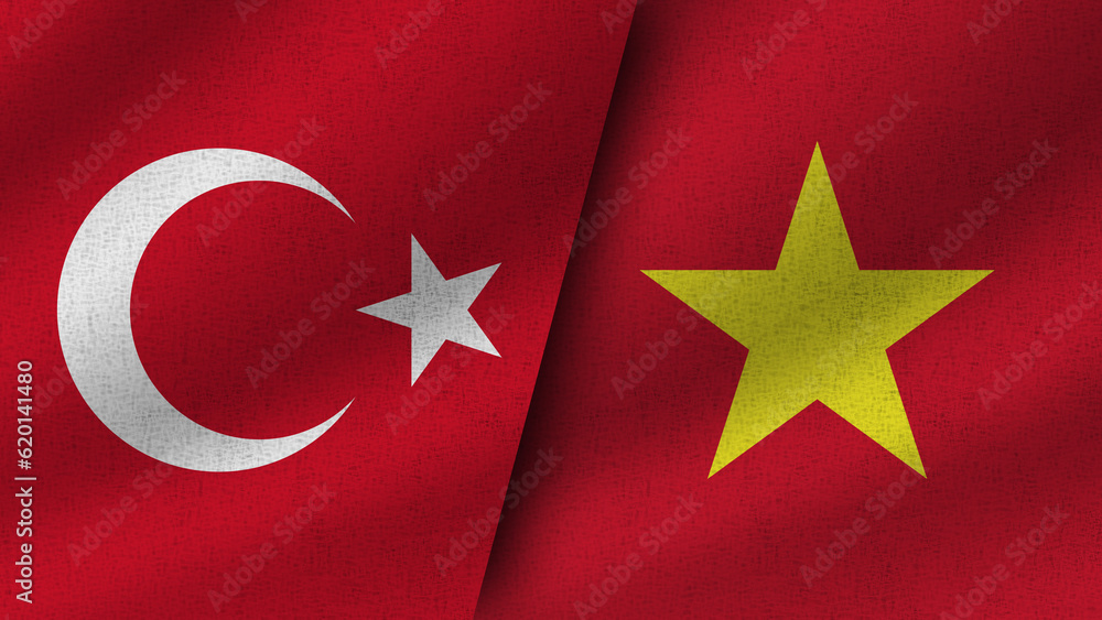 Obraz premium Vietnam and Turkey Realistic Two Flags Together, 3D Illustration