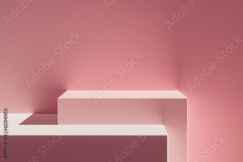 3d presentation background with pedestal or dais in the room illuminated by sunlight. 3d rendering of mockup of presentation podium for display or advertising purposes