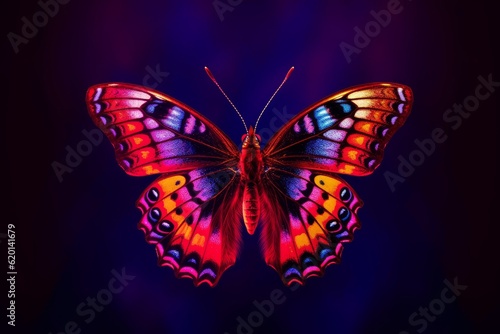Illustration of a vibrant and colorful butterfly against a purple background created using generative AI
