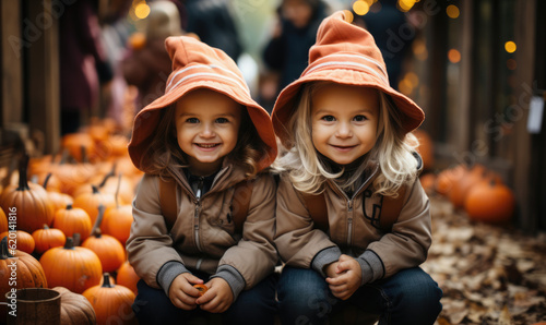 Little girls smiling at a pumpkin patch farmers market dressed up with witches hats for halloween, twins kids fall thanksgiving autumn portrait generative AI