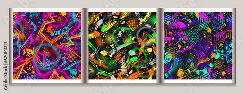 Abstract neon fluorescent patterns with splattered paint, grunge paint brush strokes, smudge, halftone. Dense random chaotic composition. Good for apparel, fabric, textile, sport goods, vynil wrap