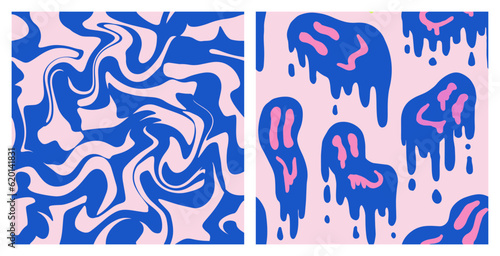 1970 Fluid Smile and Wavy Swirl Pattern Pack in Blue and Pink Color. Seventies Style, Trippy Psychedelic Print, Wallpaper. Flat Design, Hippie Aesthetic. Hand-Drawn Vector Illustration.