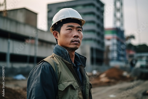 Confident Asian engineer standing in factory , Asia worker employee in hard hat safety work in factory. Generative ai © artem