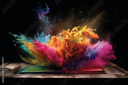 Illustration of colored powder covering a book on a table, created using generative AI