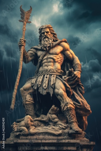 Perun, old slavic pagan god of thunder, sky,lightning, storms, rain, law, war, fertility and oak trees. Generative AI image.