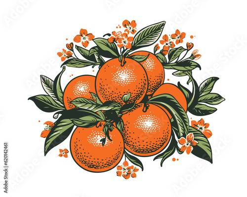 Orange branch with flowers green leaves fitness vitamins delicious juicy