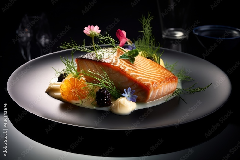 Illustration of a beautifully plated piece of salmon on a white plate created using generative AI