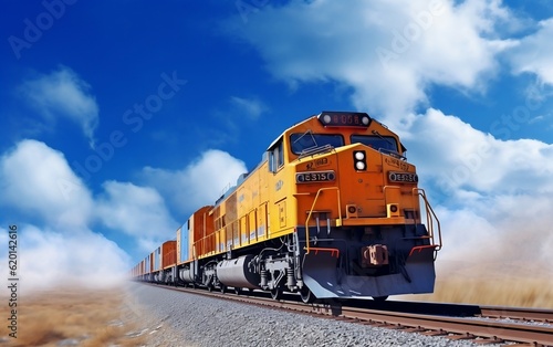 A train traveling down train tracks under a cloudy blue sky. AI