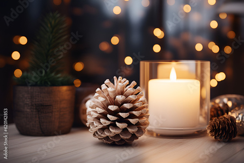 christmas still life with pine cone and candle © alphazero