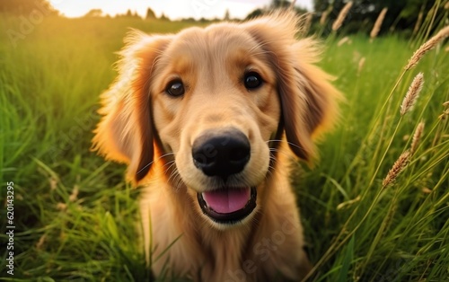 A dog standing in a field of tall grass. AI