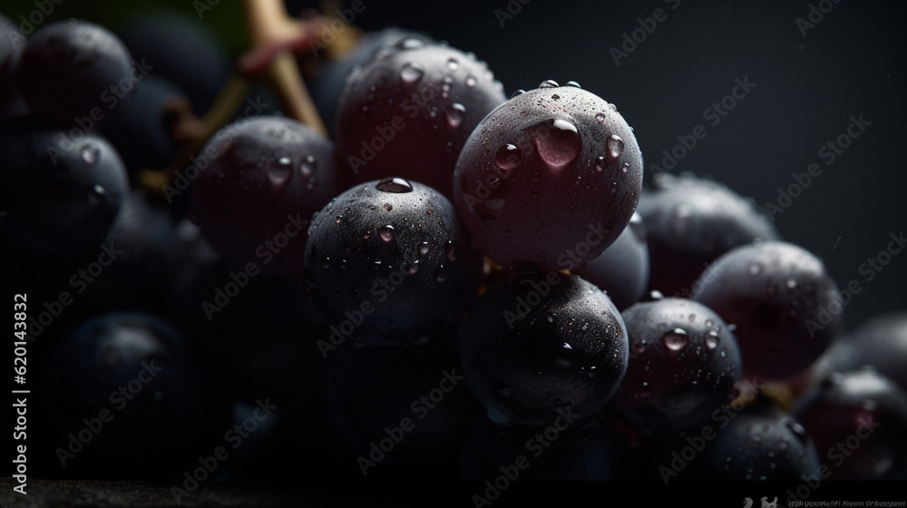 Fototapeta premium Bunch of black grapes with drops of water on a dark background. Generative AI